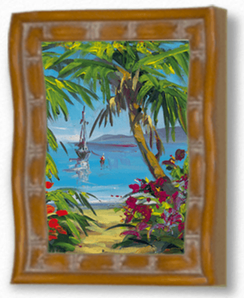 Discover the enchanting Set Sail by Steve Barton, a limited edition painting framed in wood, capturing a serene beach scene with palm trees, vibrant flowers, and a sailboat against calm blue waters and distant mountains. Available at Marcus Ashley Fine Art Gallery.