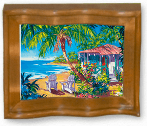 Discover Shades of Sand, a limited edition framed painting at the Marcus Ashley Gallery. It captures a tranquil tropical beach scene featuring two white chairs on sand, a palm tree, and a charming red-roofed bungalow surrounded by vibrant greenery and flowers.