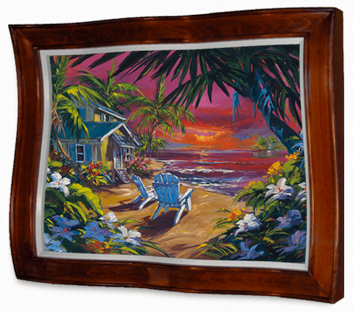 Simplicity, an artwork from Marcus Ashley Gallery, features a beach scene at sunset with palm trees, a quaint cottage, and a blue Adirondack chair facing the ocean. A distinctive wavy frame encloses colorful flowers beneath a dramatic reddish sky.