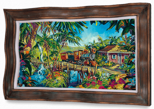 The vibrant painting, Sugar Cane Train, in a rustic wooden frame, showcases a tropical scene with lush greenery, colorful flowers, a waterfall, and an old train on a bridge near a small house under a bright blue sky with clouds—truly gallery-worthy!.