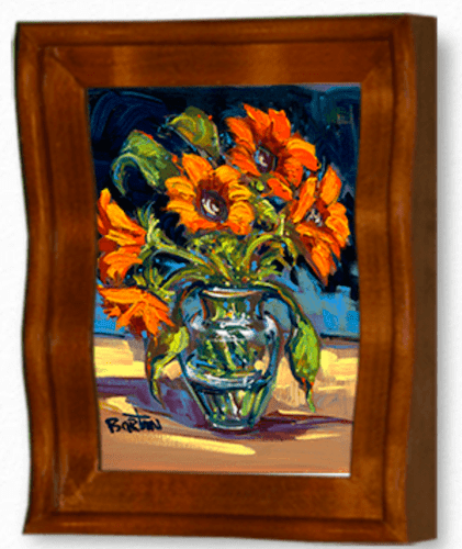 A vibrant painting titled Sunflower Bouquet, features a sunflower arrangement with bright orange petals and green leaves, against a blue-green background. Styled like Steve Barton art, its housed in a uniquely wavy wooden frame—available at Marcus Ashley Gallery.
