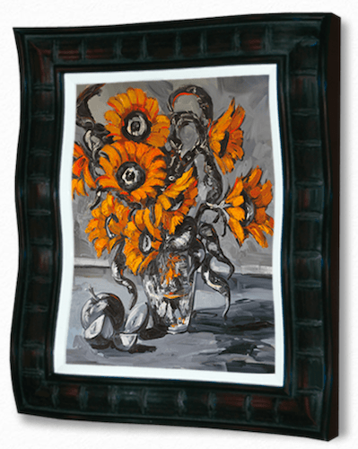 Sunflower Dreams, a framed painting from Steve Barton Art, showcases vibrant orange sunflowers with curling petals in a vase against a monochromatic background, accented by a wide dark frame and featuring two small round objects at the base of the vase.
