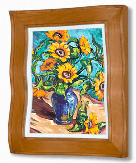 A colorful Steve Barton art piece titled Sunflower features a blue vase with vibrant flowers and swirling brushstrokes. Surrounded by a wooden frame, it presents bold sunflowers against a dynamic blue and green background, making it perfect for the Marcus Ashley Art Gallery.