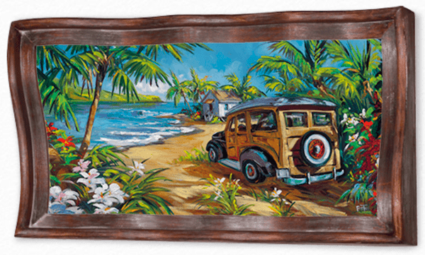 The vibrant Surf Island by Steve Barton depicts a tropical beach in a wooden frame, featuring a vintage car on a sandy path with palm trees and flowers. A cabin, blue ocean waves, and clear skies enhance this Limited Edition gem from Marcus Ashley Gallery.