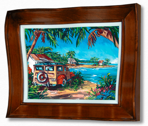 Surfs Up, a limited edition framed painting by Steve Barton Art, depicts a vintage car under palm trees on a tropical beach. The vibrant blue sky, ocean view, lush greenery, and hallmark bright colors create a serene coastal landscape.