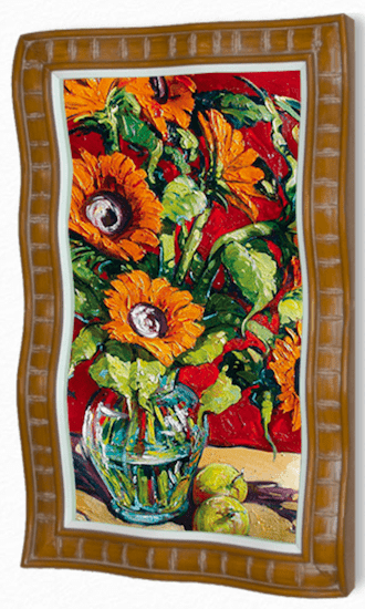 The limited edition Surrounded by Sun painting from Steve Barton Art showcases vibrant sunflowers with bold orange petals and dark centers in a green vase. Against a bright red background, two green apples add contrast at the base. Its wavy wooden frame enhances its charm, ideal for any Marcus Ashley Gallery collection.
