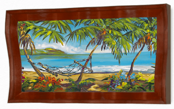 Sweet Life, a limited edition artwork, features a vibrant tropical beach scene. Set in a wooden frame, it shows two palm trees with a hammock amid an ocean backdrop and lush foliage, capturing the essence of Steve Barton art.