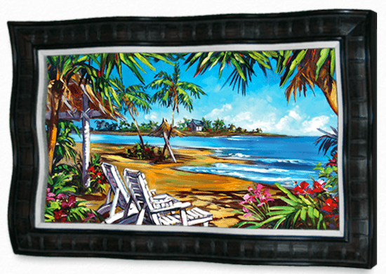The limited edition framed painting Sweet Romance by Steve Barton depicts a tropical beach with empty lounge chairs under palm trees, a vibrant landscape of sandy shores, a bright blue ocean, and colorful foreground flowers.
