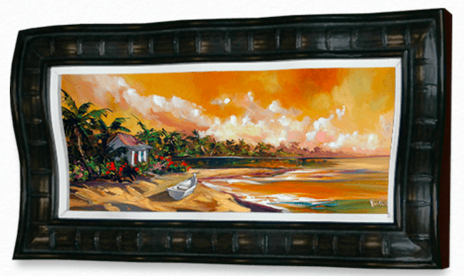 A framed painting titled Tropical Memories captures a sunset beach scene with an orange and pink sky, fluffy clouds, a small boat by a hut in lush greenery, and gentle waves, embodying the essence of Steve Barton Art at Marcus Ashley Gallery.