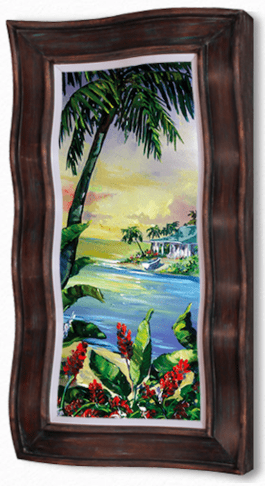 The Steve Barton Art piece Tropical Paradise beautifully depicts a palm tree, vibrant red flowers, lush greenery, and a house by the shore against an ocean backdrop and colorful sky. Discover this stunning work at Marcus Ashley Gallery.