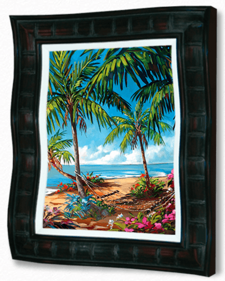 This limited edition framed painting, Unwind, captures a tropical beach scene with palm trees, vibrant flowers, and a clear blue sky. The sandy shore and ocean waves evoke serenity, embodying the essence of Steve Barton Art at Marcus Ashley Fine Art Gallery.