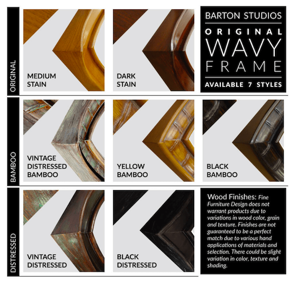 A grid presents seven Original Wavy Frame styles by Barton Studios, featuring Medium Stain, Dark Stain, Vintage Distressed Bamboo, Yellow Bamboo, Black Bamboo, Vintage Distressed, and Black Distressed. These variations in the Key West Memories collection evoke nostalgic island echoes.
