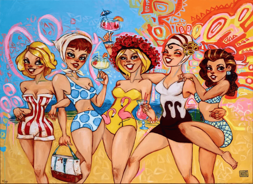 Five women in colorful, retro swimsuits stand together on a beach in Todd White’s Beach Blankets artwork, featuring bold patterns and a bright abstract background—a must-have for any limited edition art collection.