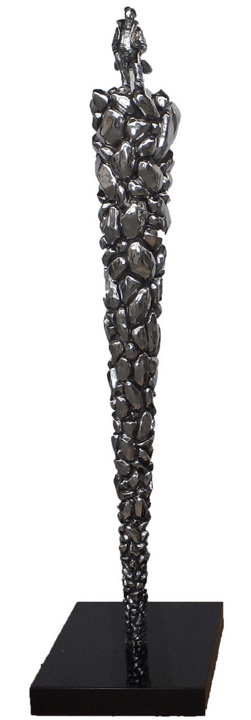The limited edition Beautiful View sculpture echoes Mackenzie Thorpes style, showcasing a tall, abstract design crafted from shiny, irregular metal fragments. It elegantly tapers from a wide base to a narrower top and is mounted on a sleek black rectangular base.