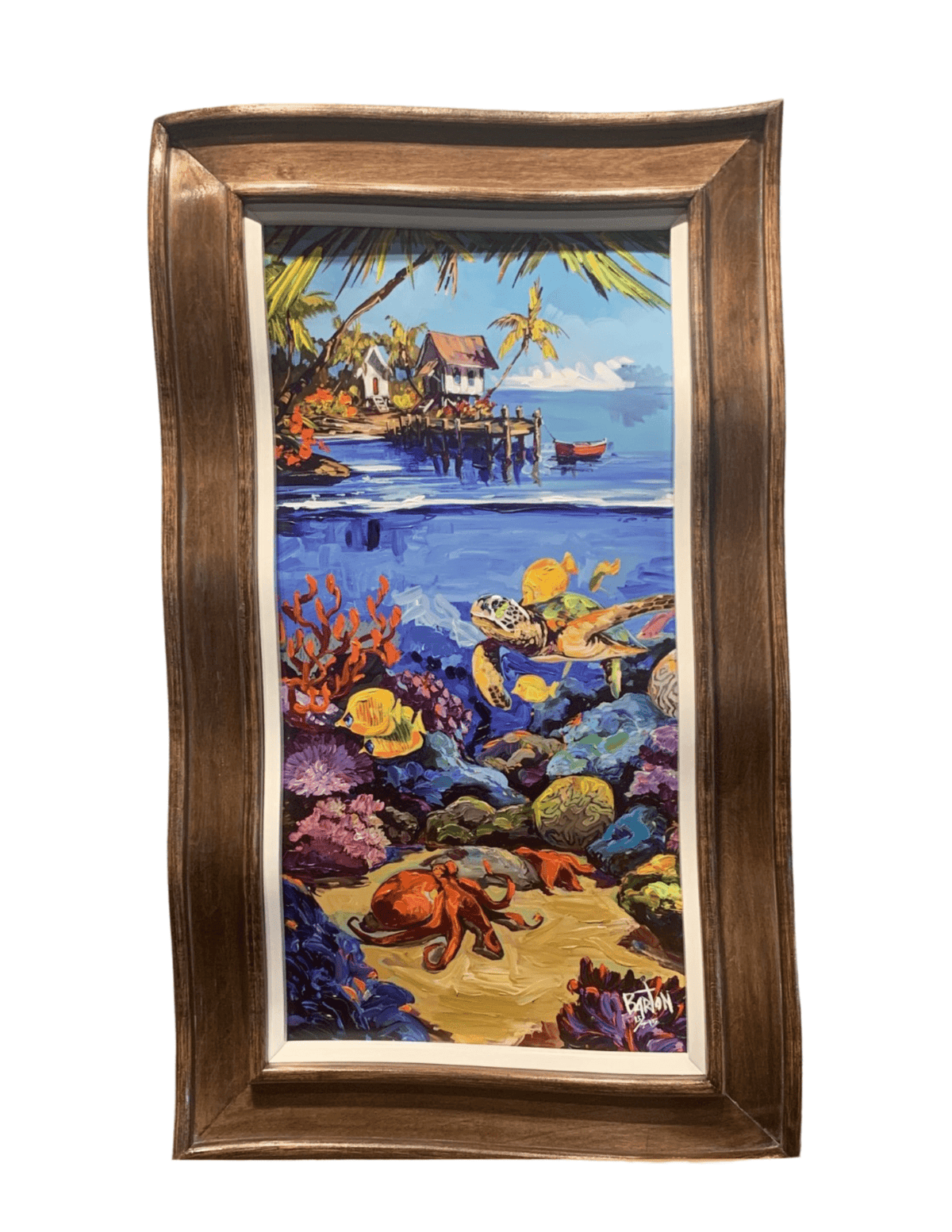 The art piece Beneath the Waves by Steve Barton, displayed at the Lake Tahoe gallery, exhibits a vibrant coastal scene. Above water is a house on stilts; below, an octopus and fish animate the coral reefs within its colorful wavy wooden frame.