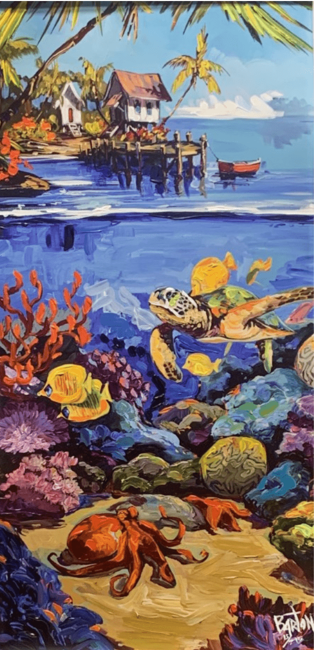 Beneath the Waves by Steve Barton features a vibrant tropical scene with a stilted house, dock, and red boat. Below, exotic marine life like sea turtles, fish, coral, and an octopus thrive. Palm trees frame the top in this stunning artwork.