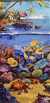 Beneath the Waves by Steve Barton features a vibrant tropical scene with a stilted house, dock, and red boat. Below, exotic marine life like sea turtles, fish, coral, and an octopus thrive. Palm trees frame the top in this stunning artwork.