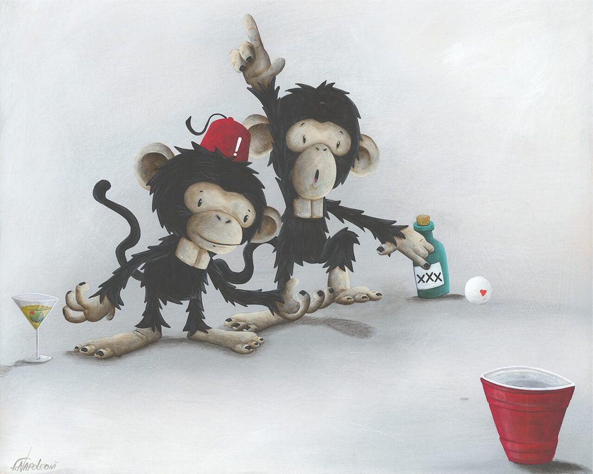 Two cartoon monkeys engage in beer pong: one in a fez holding a martini, the other pointing skyward. On the table with them are a red cup and an XXX bottle, as a heart-adorned ping-pong ball floats towards the cup. Product: The Best of Times.