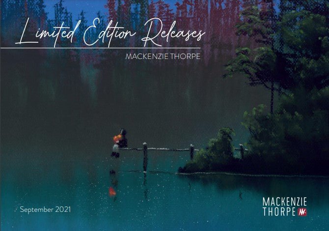 Mackenzie Thorpes serene painting, Bless Your Heart, features a figure on a dock surrounded by calm water and shoreline trees. The pastel on paper piece is signed Mackenzie Thorpe with September 2021 at the bottom left, and includes the text Limited Edition Releases.