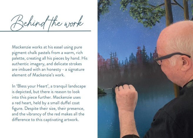 Artist Mackenzie Thorpe creates Bless Your Heart, a tranquil landscape with chalk pastels on paper, featuring trees mirrored in a calm lake under a cloudy sky. This work highlights Thorpes signature style with an honest touch and his recurring red heart motif.