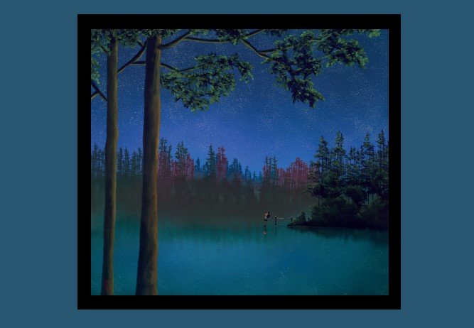 Bless Your Heart, in Mackenzie Thorpes signature style, features a serene starry night over a calm lake framed by tall trees. In the distance, a small canoe with two figures glides gently across the water in this pastel on paper artwork.