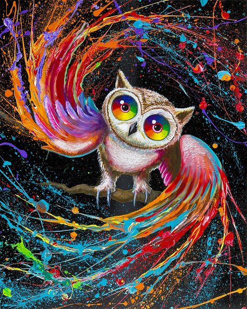 Michael Summers Bright Eyes Red is a vibrant giclée on canvas featuring an owl with large, colorful wings and multicolored eyes. Swirling paint splashes of red, orange, blue, and yellow create a captivating contrast against the dark background.