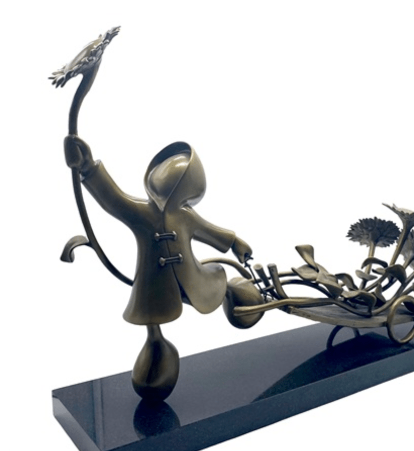 The limited edition Bringer of Sunshine-Bronze by Mackenzie Thorpe features a figure in a hooded coat balancing on one foot with a large flower, standing on a black rectangular base amidst abstract shapes and additional flowers.