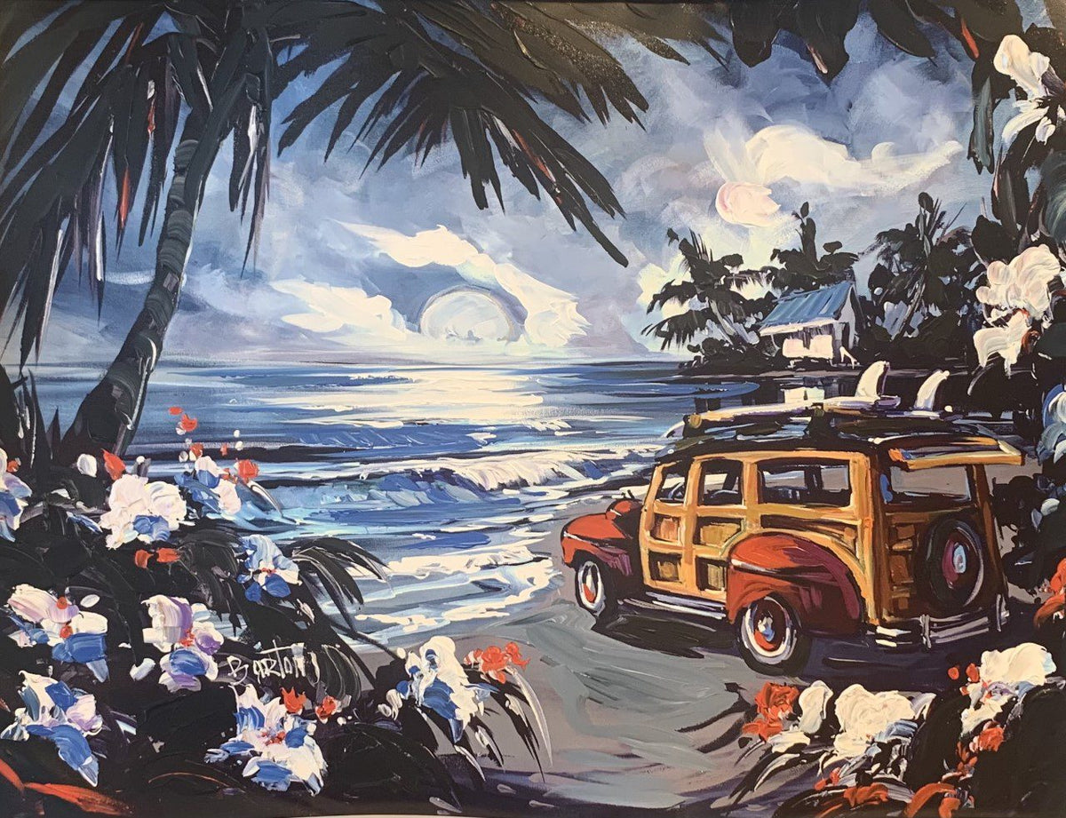 A classic wood-paneled car rests on a tropical beach at sunset, reminiscent of By the Moonlight by Steve Barton. Palm trees frame the scene, vibrant flowers adorn the foreground, and ocean waves caress the shore beneath a colorful sky of scattered clouds.