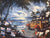 A classic wood-paneled car rests on a tropical beach at sunset, reminiscent of By the Moonlight by Steve Barton. Palm trees frame the scene, vibrant flowers adorn the foreground, and ocean waves caress the shore beneath a colorful sky of scattered clouds.