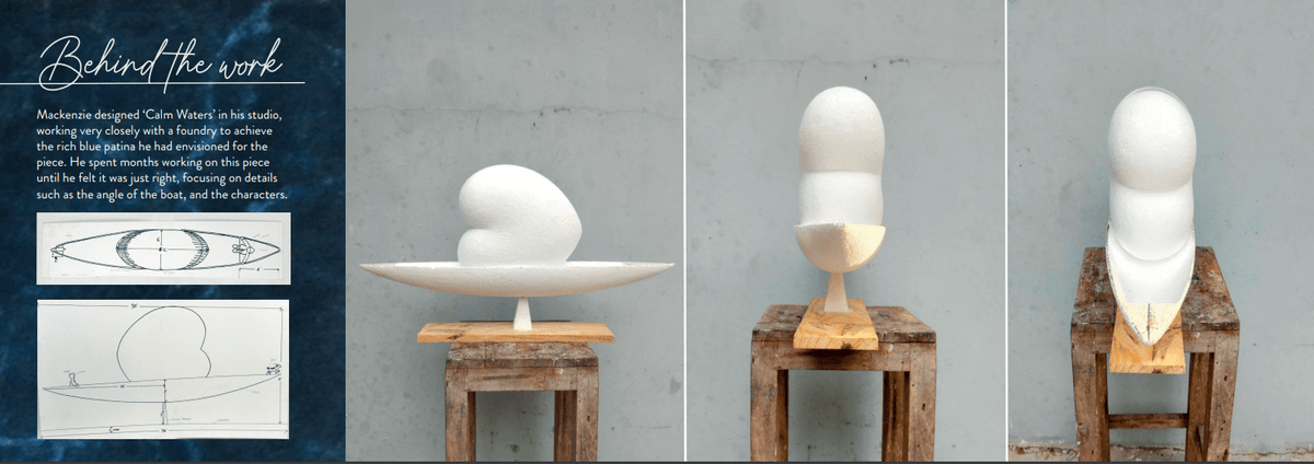 Four images show the Calm Waters sculpture from different angles on a wooden chair. Its smooth curves evoke serenity, reminiscent of Mackenzie Thorpe art. To the left, design sketches and artist process text appear against a plain gray wall at Marcus Ashley Gallery.