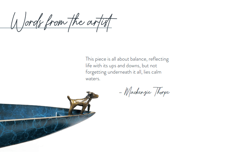 A small dog sculpture perches on the edge of a blue, textured boat-shaped form in Calm Waters, featuring a balance and serenity quote from Mackenzie Thorpes art. The white, uncluttered sky enhances the serene ambiance akin to Marcus Ashley Gallery.