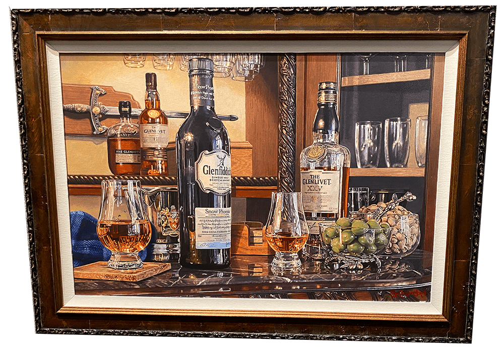 Eric Christensens Duel Contenders features a hyper-realistic whiskey-themed bar scene in watercolor, showcasing bottles of whiskey, two filled glasses on the counter, a bowl of green olives, and elegant glassware in warm lighting that enhances its rich tones and textures.