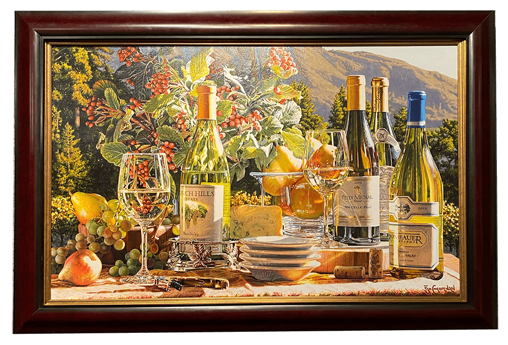 The framed painting Gold Rush by Eric Christensen artfully depicts a table adorned with wine bottles, glasses, cheese, fruits, and a scenic Napa Valley backdrop of trees and mountains, suggesting an elegant outdoor picnic or gathering.
