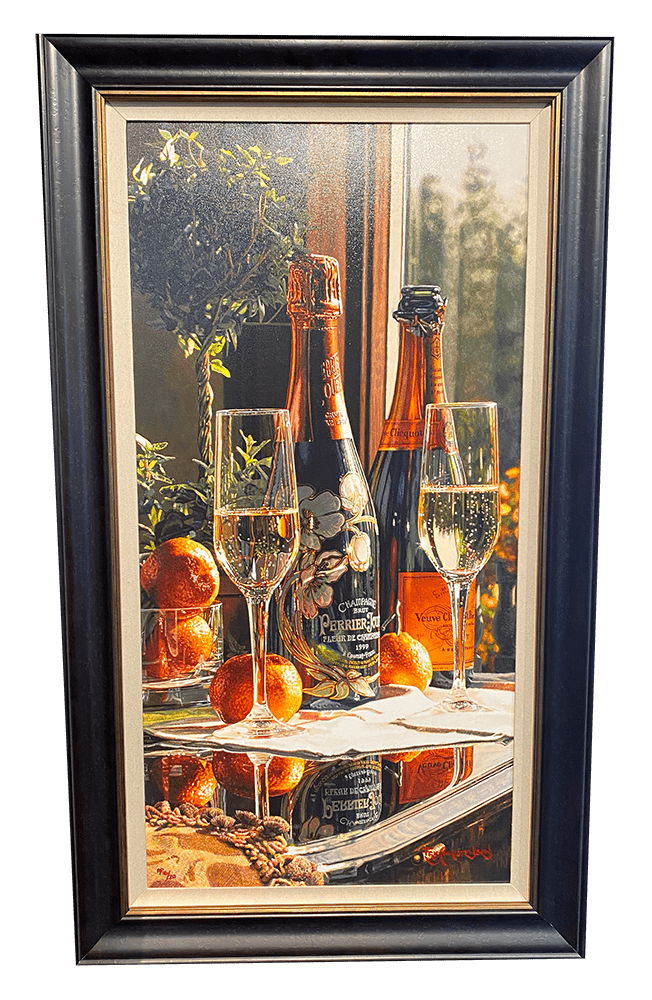 The Sparkling Proposal by Eric Christensen is a hyper-realistic painting depicting champagne bottles and filled flutes on a reflective table, with vibrant oranges and a lush potted plant, all set against an enchanting window view.