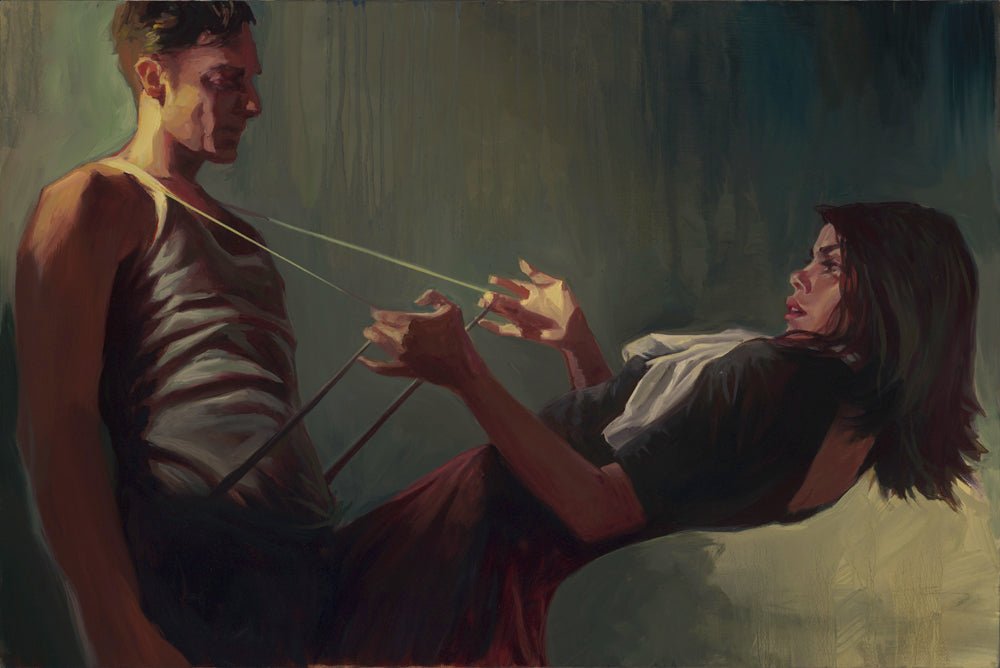 The Gabe Leonard painting Come With Me features a man in a tank top pulling a woman with a rope. She leans back tensely in a dark top. The scene uses moody lighting and textured, expressive brushstrokes to dramatize human connection.