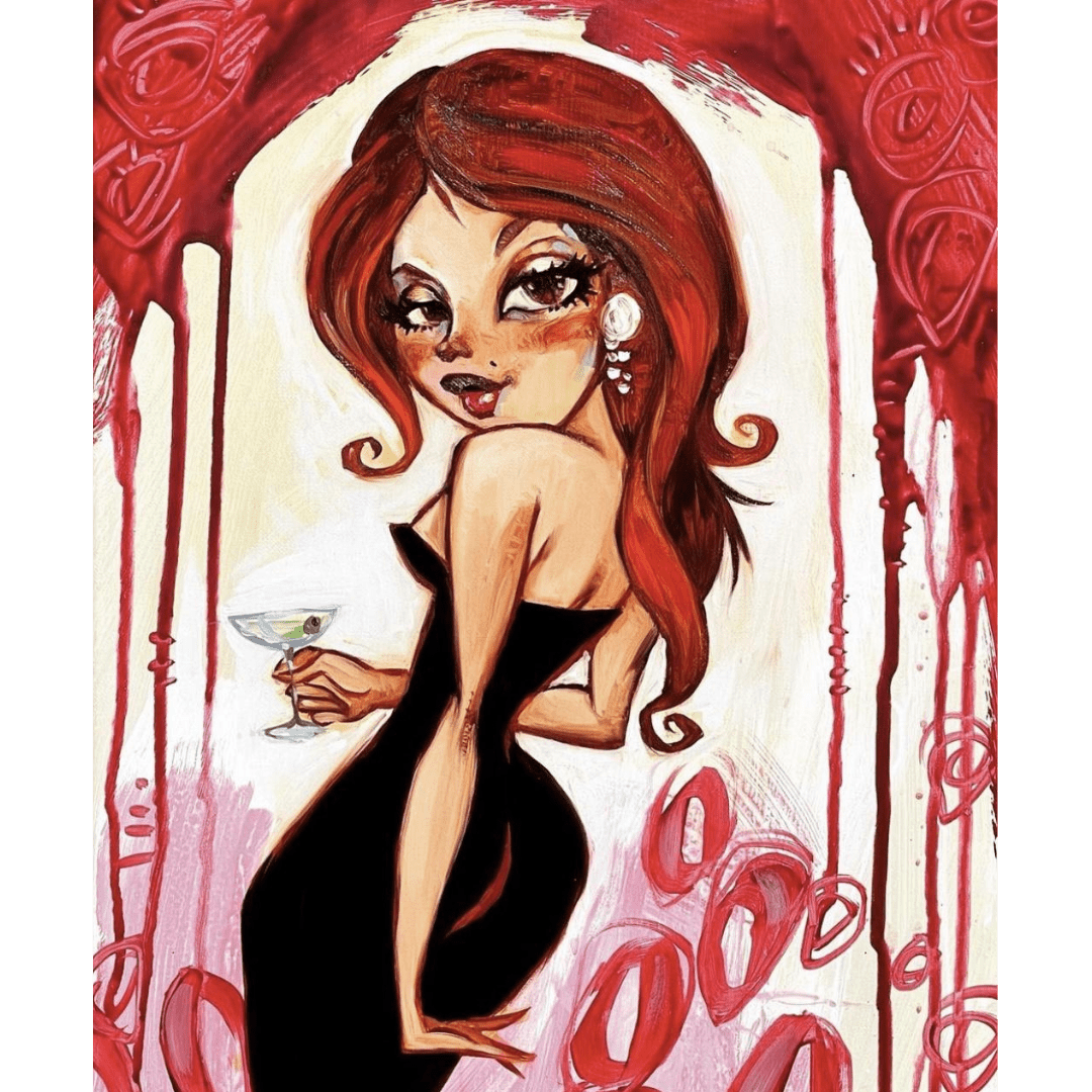 A stylized illustration titled Coming Up Roses shows a red-haired woman in a black dress with a cocktail glass. The bold red and white background with abstract, dripping patterns, and expressive line work captures Todd Whites iconic style in this limited edition Giclée.