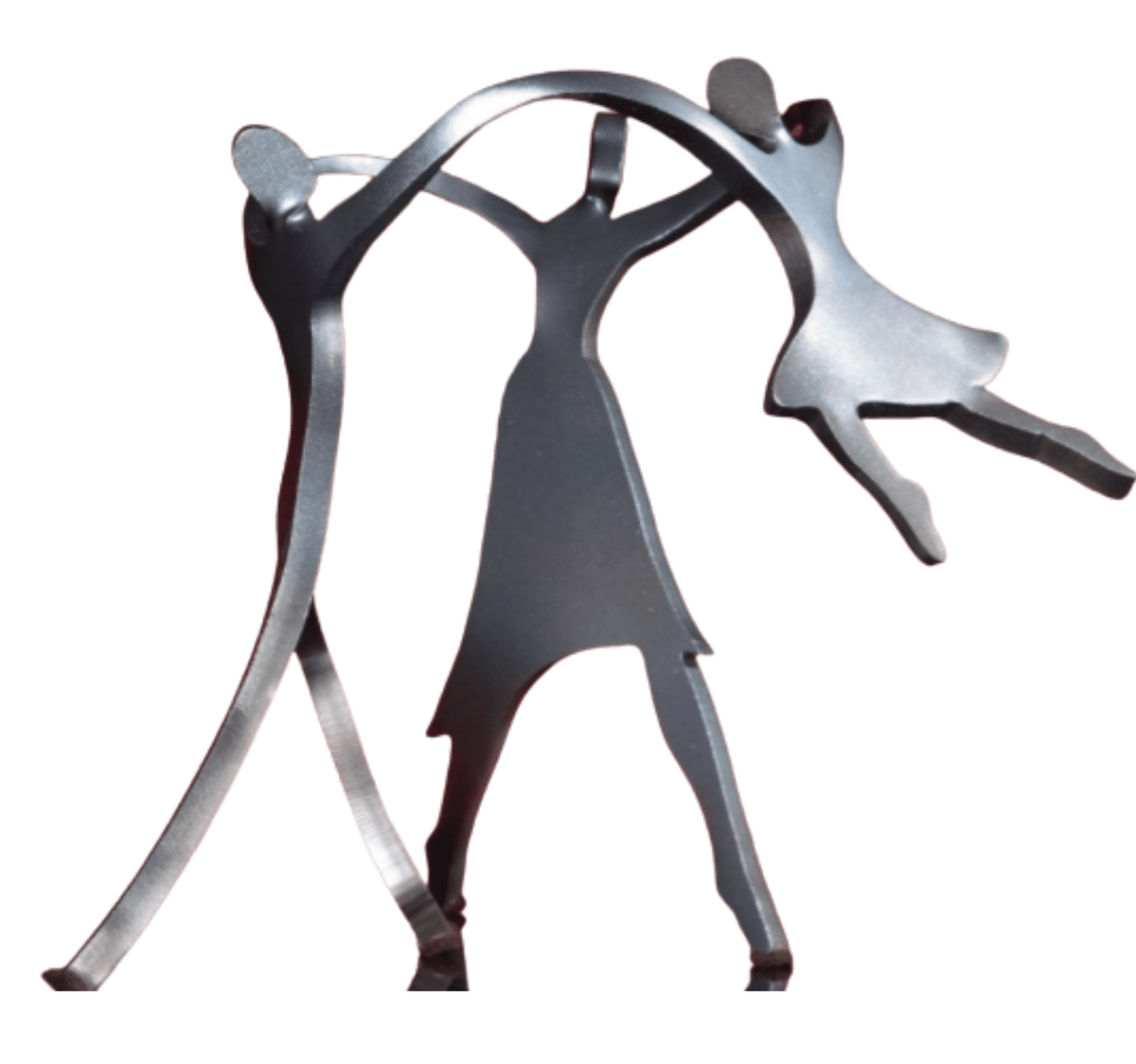 The Dancing Family - 1 Girl sculpture by Boris Kramer is crafted from steel and features three abstract figures with elongated limbs. Two adults joyfully hold hands and swing a smaller figure between them, capturing a playful, fluid dynamic.