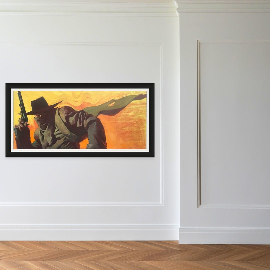 An elegant white paneled wall features Gabe Leonards original oil painting, Devils In The Details. This cinematic piece depicts a mysterious figure in a hat and coat with a gun against an orange-yellow backdrop. The room includes wooden flooring.