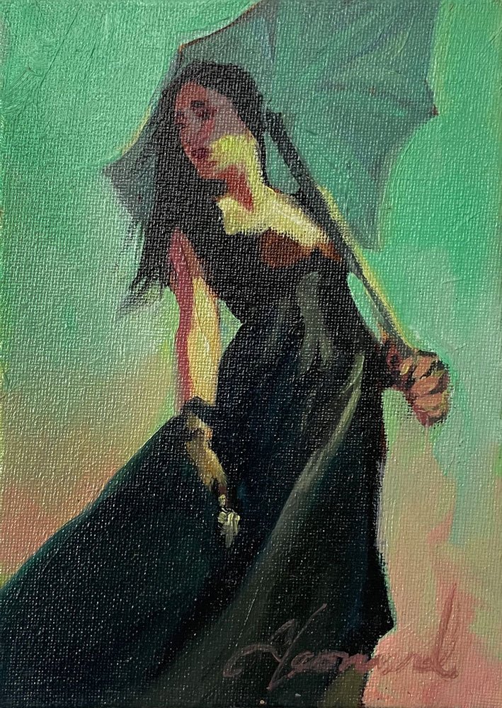 A painting titled Dont Be Shy features a woman in a flowing black dress with a light green umbrella against a vibrant green and orange backdrop, her long dark hair cascading, capturing the dynamic style reminiscent of Gabe Leonards work.