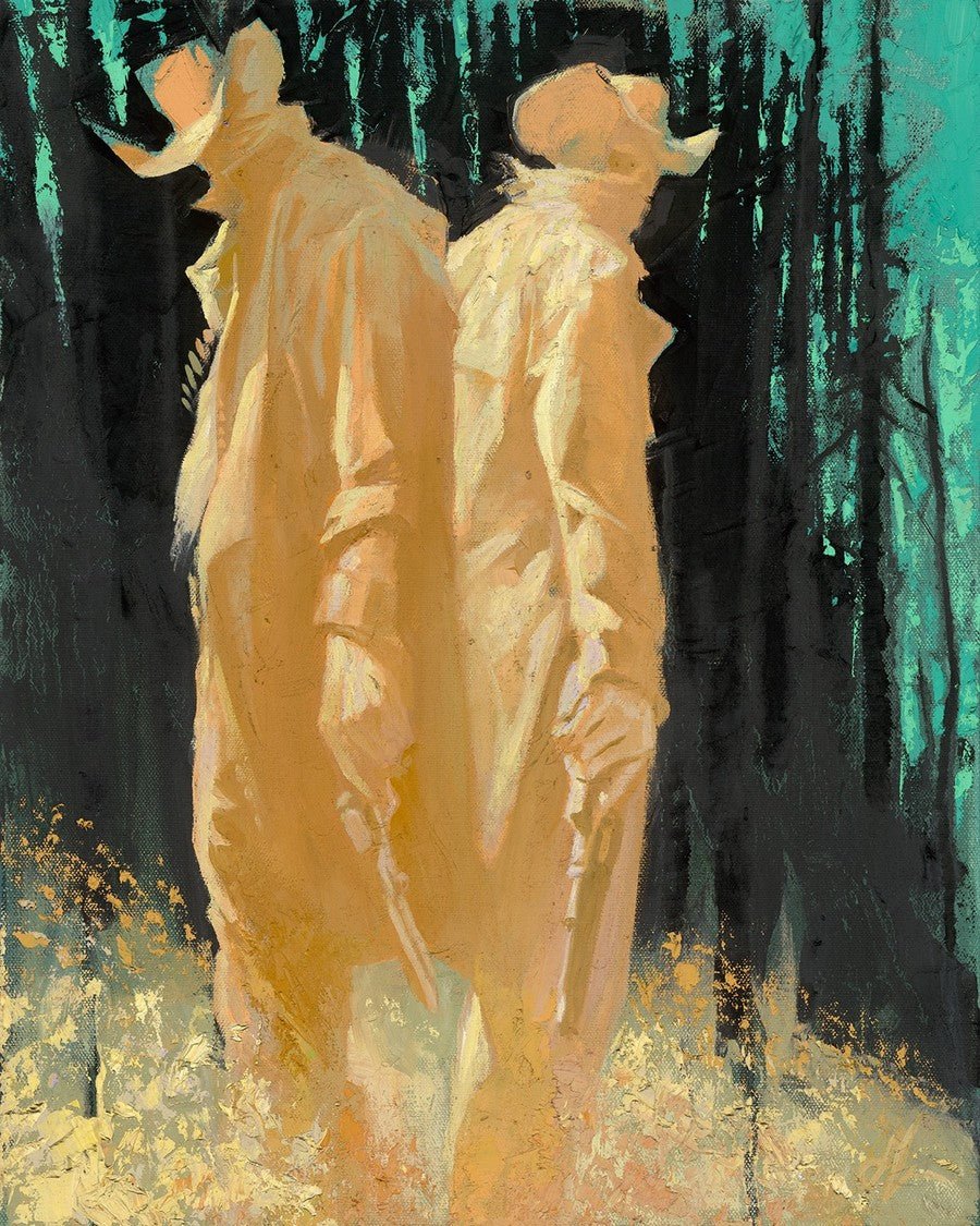 Double Down, an original oil on canvas by Gabe Leonard, portrays a Western standoff featuring two cowboys back-to-back with drawn guns, their warm yellow and orange tones contrasting against a vibrant turquoise sky and dark forest.