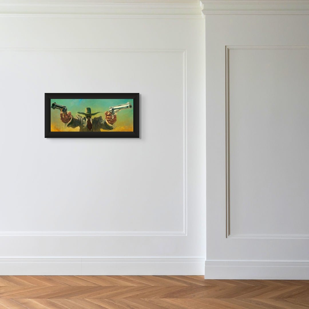 The product Double Fist, a framed painting of a gunslinger, hangs on a plain white wall. The room showcases elegance with detailed molding and wooden parquet flooring, evoking the Wild West spirit.