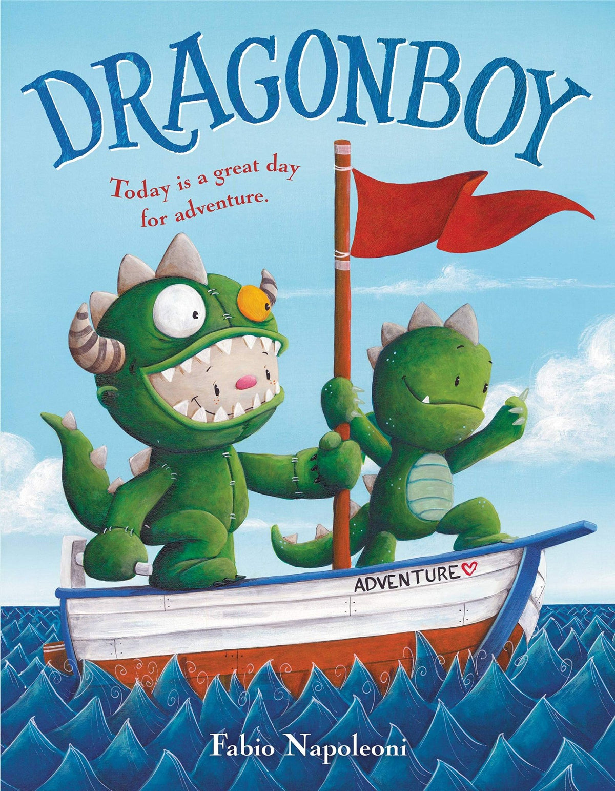 Illustration of two green dragon-like creatures in a boat labeled Adventure, sailing on wavy seas with a red flag. The title Dragonboy - Great Day to Discover by Fabio Napoleoni crowns the scene, with Today is a great day for adventure in vibrant red, encapsulating a childrens adventure tale.