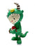 A delightful illustration of Dragon Boy - The Gift shows him in a green dino costume, complete with big eyes on the hood, striped horns, and a tail. Holding a red heart, this playful design is inspired by Fabio Napoleoni and accented with white spikes.