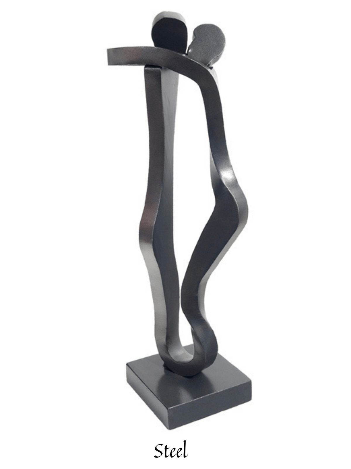 The Embrace sculpture, an abstract steel artwork, features two intertwined figures on a square base. It evokes connection and unity, with Steel subtly inscribed below.