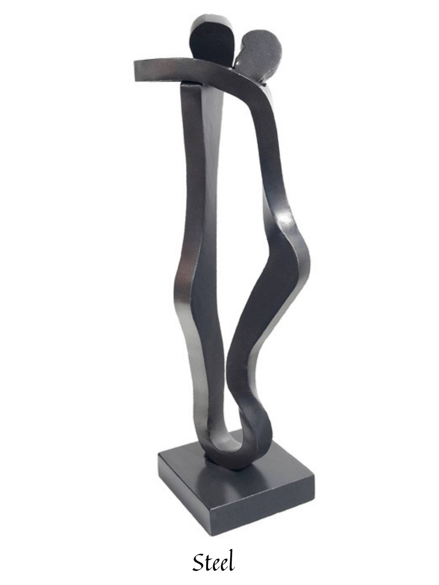 The Embrace sculpture, an abstract steel artwork, features two intertwined figures on a square base. It evokes connection and unity, with Steel subtly inscribed below.