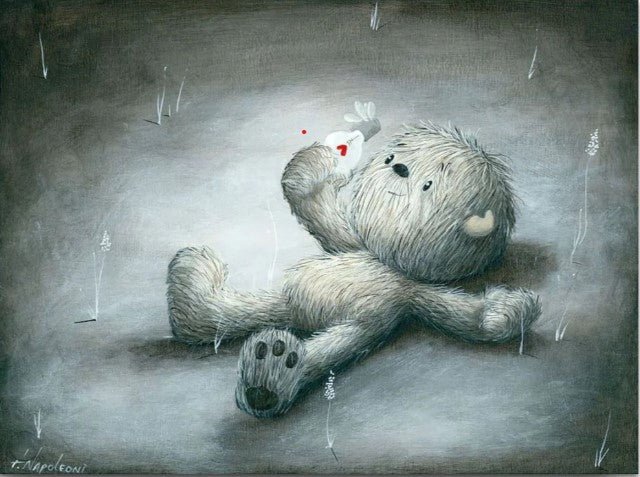 The Enamored features a fluffy bear lying back in a grassy field, exuding love and innocence as it gazes at a butterfly on its paw. Inspired by Fabio Napoleonis whimsical style, the artwork is rendered in soft, muted tones for a calm and enchanting effect.