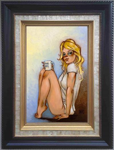 The Farm Girl Giclée Artist Print by Todd White shows a blonde-haired farm girl sitting on the floor, leaning against a wall with a mug. Shes in a white T-shirt, framed with dark wood and gold edges amidst soothing blues and browns.