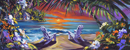 Forever with You, a colorful painting of a tropical beach sunset reminiscent of Steve Barton art, features two empty chairs facing the ocean, vibrant tropical flowers, palm leaves, and a small hut nestled among lush trees in the background.