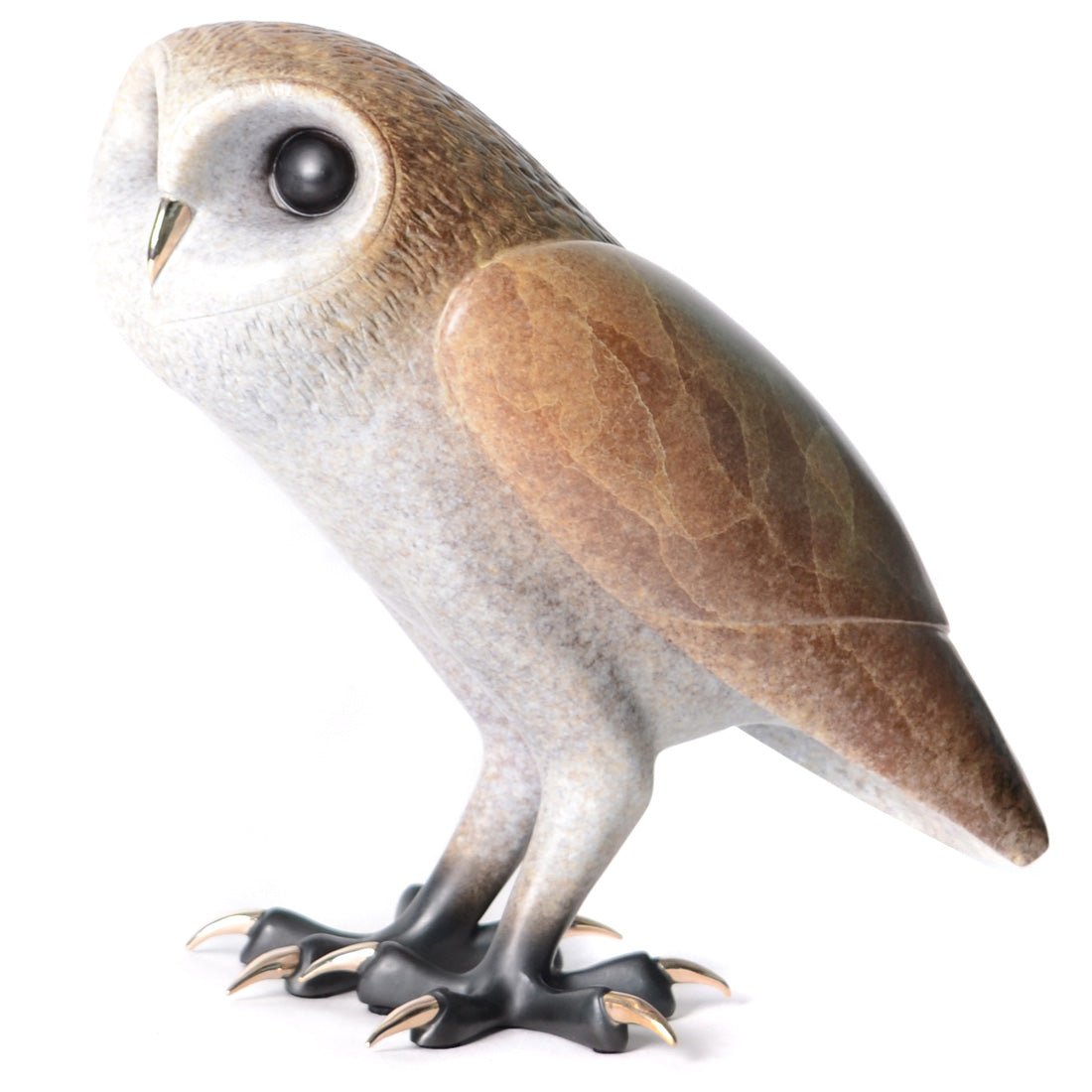 The stone-crafted Churchill owl statue by Tim Cotterill features a smooth texture in brown and gray hues, with a rounded head, dark eyes, and detailed talons, elegantly poised on a white surface.