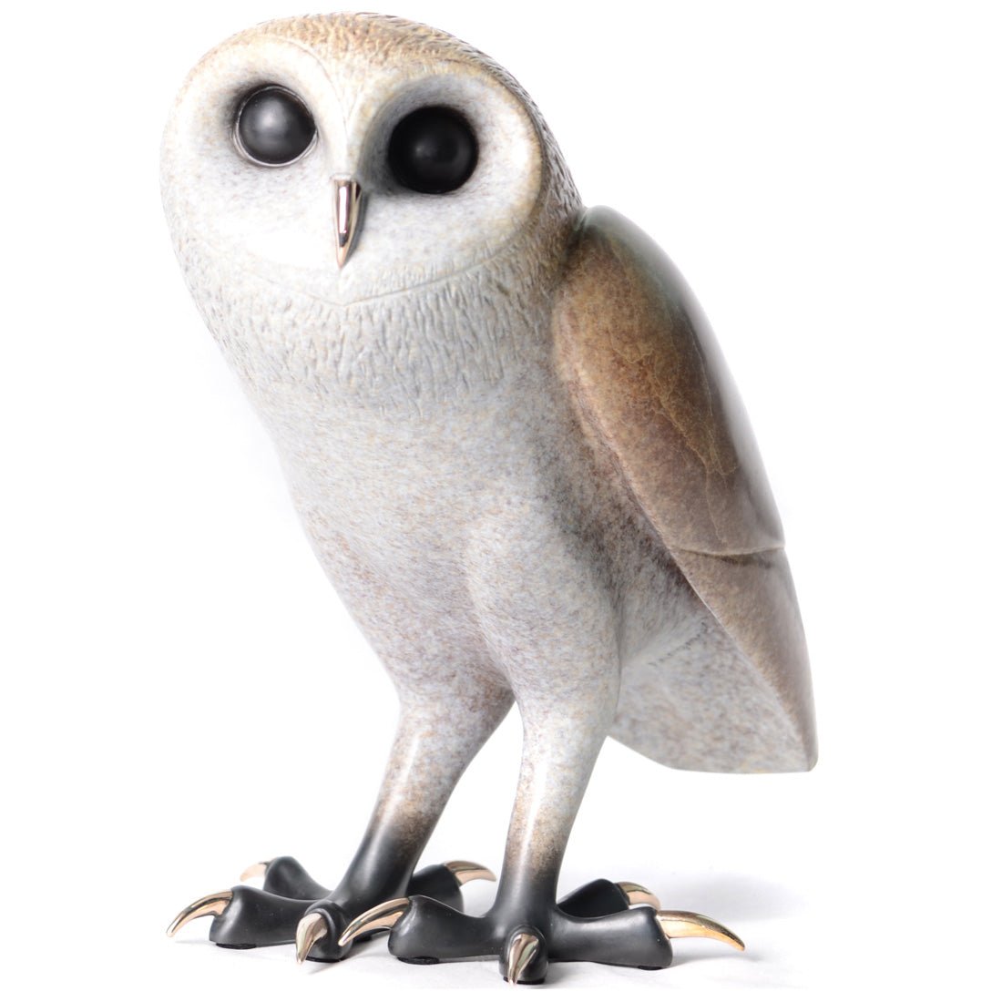 Churchill is a sleek, modern bronze owl sculpture by Tim Cotterill, featuring round dark eyes and a minimalist design with light and dark tones. Its craftsmanship shines on a plain white background, emphasizing the prominent talons.